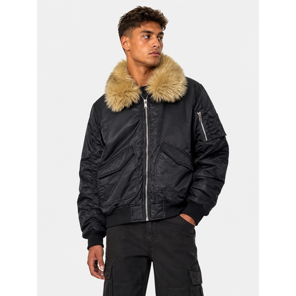boohooMAN Black MA1 Bomber Flight Jacket Detachable Faux Fur Collar M NWOT New